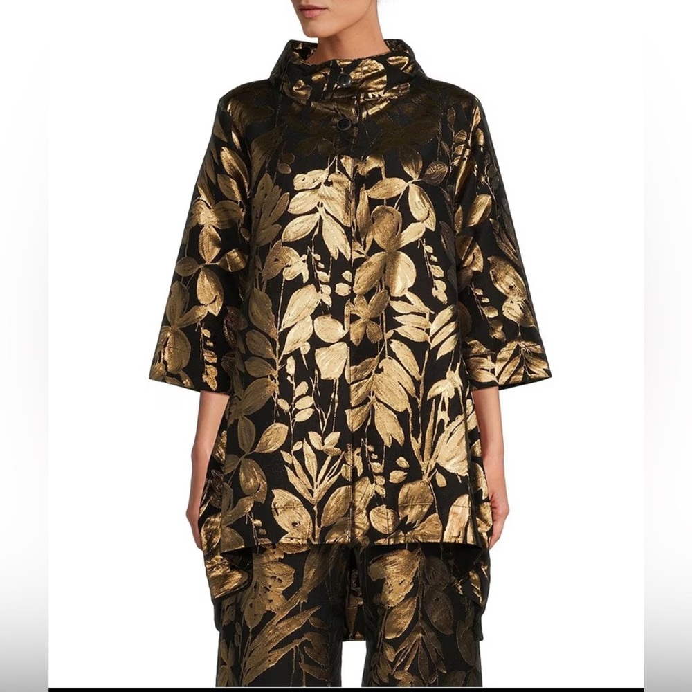 Bryn Walker Yael Folie D' Oro Jacquard Metallic Floral Print 3/4 Sleeve Jacket